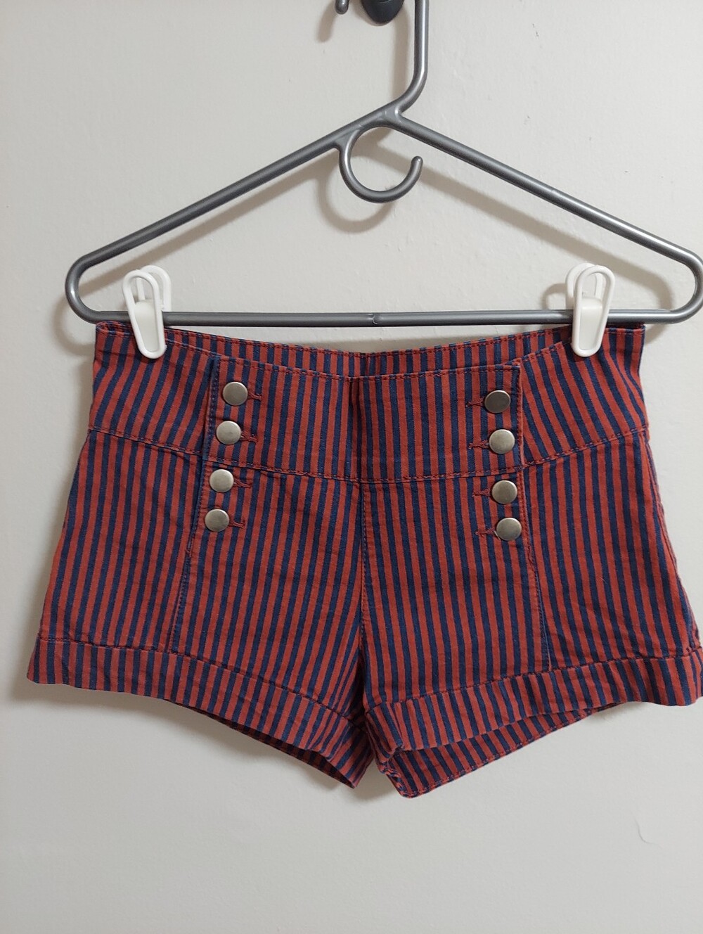 Forever 21 Red and Navy High-Waist Striped Shorts with Button Detail